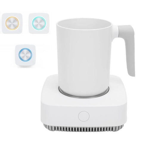 Ultimate Desktop Mug Warmer And Cooler Plate Two In One Smart Heating And Cooling Base for Coffee Milk Tea, white color design.