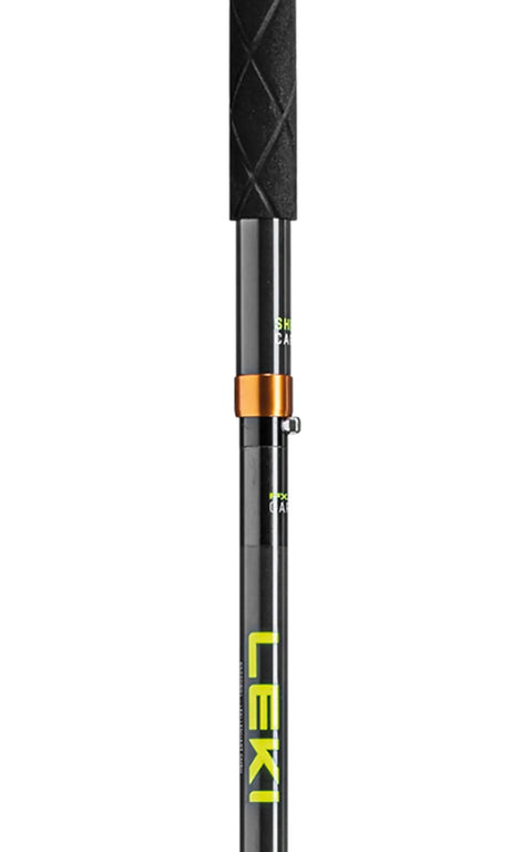 Close-up of Sherpa FX One Carbon Collapsible Trekking Poles for Backcountry Skiing, Hiking, and Mountaineering, Carbon Yellow White, 125 cm