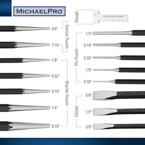Heavy Duty Punch and Chisel Kit, 16-Piece Set With Center Punches, Pin Punches, Starter Punch, Chisels, Gauge and Tool