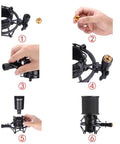 Assembly steps for Mic Shock Mount With Pop Filter For 46mm To 51mm Condenser Microphones, featuring an anti vibration suspension clip