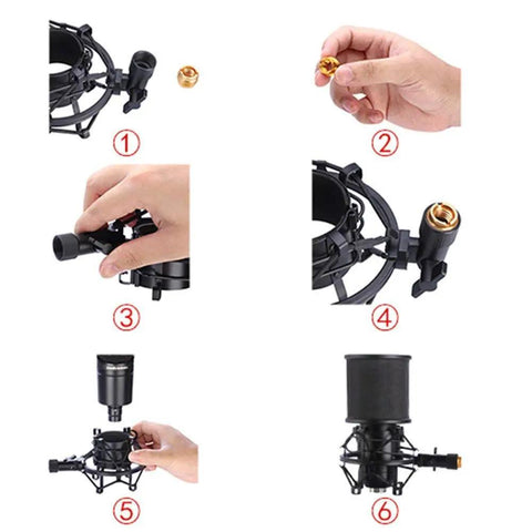 Assembly steps for Mic Shock Mount With Pop Filter For 46mm To 51mm Condenser Microphones, featuring an anti vibration suspension clip