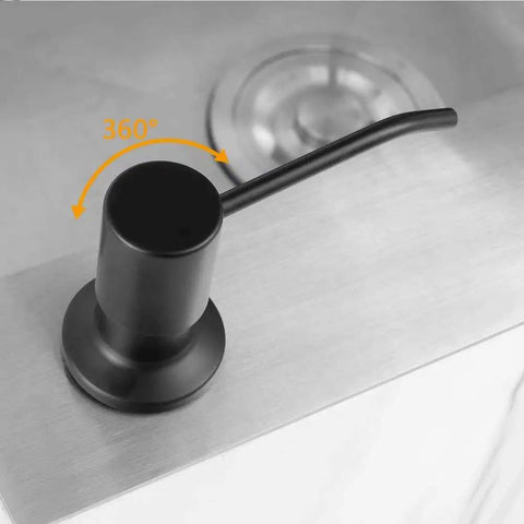 Built In Kitchen Sink Soap Dispenser With 17 Ounce Bottle Black Stainless Steel top view with 360-degree swivel spout