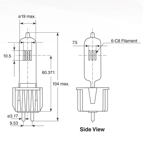 Technical diagram of HPL575 575W 115V Studio Halogen Bulb With Heat Sink Base G9.5 2 Pin Clear Finish, side view dimensions.