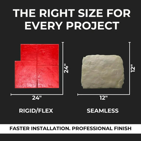 Slate Stone Concrete Stamps Mats Set Of 5 24 By 24 Inches Made In USA Durable Polyurethane With Flexible And Rigid Forms For Driveways And Patios Pro Grade Tools SM 3001 S5 showing rigid red 24-inch and seamless 12-inch mats