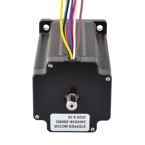 Front view of black NEMA 24 stepper motor with eight colored wires and metal shaft.