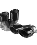 Mercedes Benz W177 A35 AMG Four Exhaust Tips Pipe Turbo Muffler Rear Bumper Trim Frame shown in glossy black stainless steel