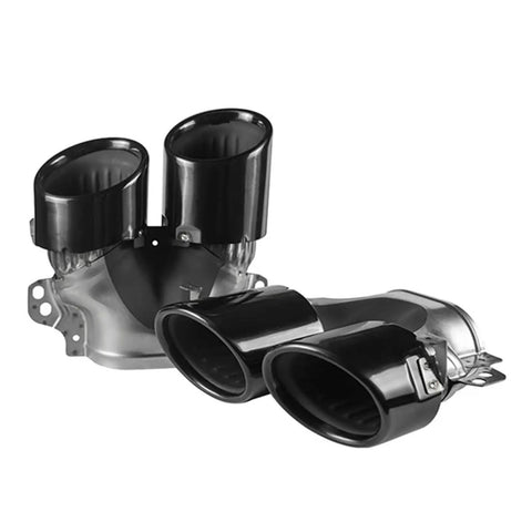 Mercedes Benz W177 A35 AMG Four Exhaust Tips Pipe Turbo Muffler Rear Bumper Trim Frame shown in glossy black stainless steel