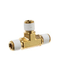 Beefy Solid Brass Instrumentation Male Tee Pipe Fitting With One Quarter Inch Npt Male Connections And Factory Applied PTFE Dripless Sealant For Tough Industrial Work - compact design with three 1/4 inch NPT male fittings.