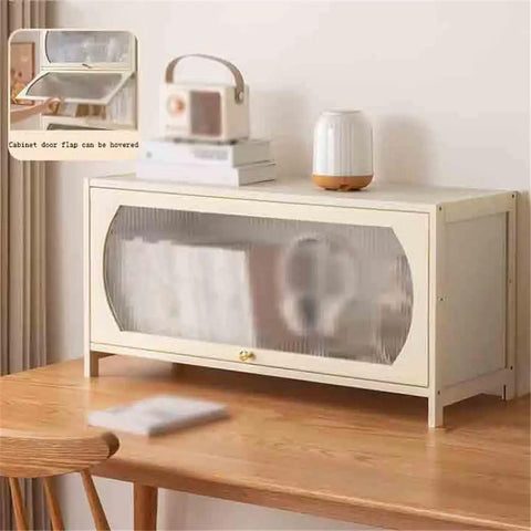 Bamboo Desktop Book Shelf Organizer With Flip Flap Door on table, multipurpose display rack for office, kitchen and bedroom use.