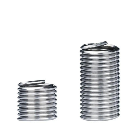 Stainless Steel Helical Thread Repair Insert Kit Set With Multiple Sizes 10 Pieces Beef Up Damaged Tool Threads For Quick Easy Install And Durable Long Lasting Fastener Repair, showing two stainless steel inserts of different sizes
