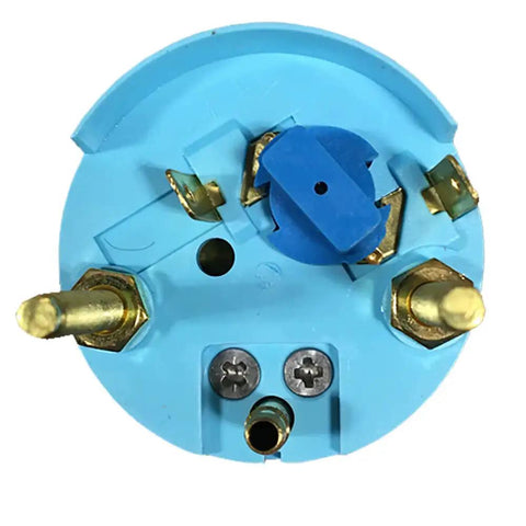 Back view of Coral Water Pressure Gauge Kit 30 PSI Two Inch Marine Instrument with connectors and blue casing.