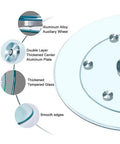 Extra Large 110cm Clear Glass Lazy Susan Turntable For Dining Table And Kitchen Counter Rotating Serving Tray showing aluminum base and smooth edges.
