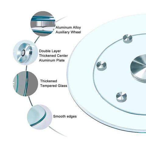 Extra Large 110cm Clear Glass Lazy Susan Turntable For Dining Table And Kitchen Counter Rotating Serving Tray showing aluminum base and smooth edges.