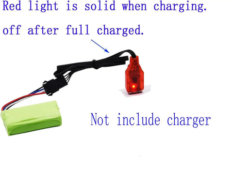 Two Pack 7.4V 2S 600mAh Li Ion Rechargeable Battery With SM-4P Plug And Charger Cable For Water Bead Blasters And DE85 RC Cars JF-71A Compatible, showing red light indicator