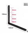 Super Heavy Duty Black Steel L Brackets 20 Pack Rock Solid Corner Reinforcements For Shelves Cabinets And Woodworking Joints 150 Millimeter Size with dimensions.