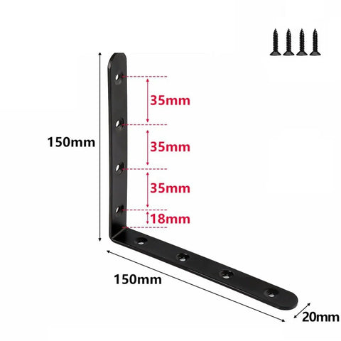 Super Heavy Duty Black Steel L Brackets 20 Pack Rock Solid Corner Reinforcements For Shelves Cabinets And Woodworking Joints 150 Millimeter Size with dimensions.