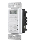 Side view of an In Wall Digital Timer with four programmable on off buttons and two easy override controls for indoor and outdoor lights and fans.