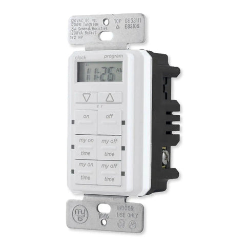Side view of an In Wall Digital Timer with four programmable on off buttons and two easy override controls for indoor and outdoor lights and fans.