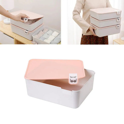Pink Plastic Underwear Storage Box With Marked Lid For Under Bed Closet Drawer Organization Hella Tough Polypropylene Bin on a table.
