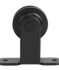 Close-up of black wheel bracket from Heavy Duty Carbon Steel Sliding Barn Door Hardware Kit with Smooth Rolling Wheels, Hanging Rail and Accessories.