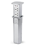 Solid Build Automatic Pop Up Power Strip With Quick Wireless Charging Pad Waterproof Hidden Under Desk Surge Protector Plug And Play Outlet Block In Silver, shown in vertical position with USB ports and electrical sockets.