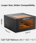 Creality laser engraver enclosure V2.0 front view, black fireproof dustproof cover with orange-tinted window 720x720x400mm