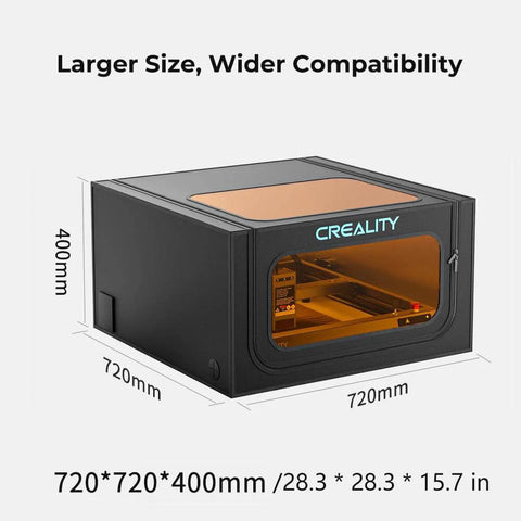 Creality laser engraver enclosure V2.0 front view, black fireproof dustproof cover with orange-tinted window 720x720x400mm