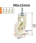 White Universal Furniture Casters Set of Four Screw On M6 Wheels 1.5 Inch 360 Degree Swivel with dimensions and turning radius.