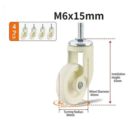 White Universal Furniture Casters Set of Four Screw On M6 Wheels 1.5 Inch 360 Degree Swivel with dimensions and turning radius.