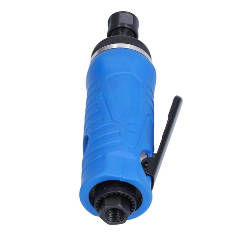 Heavy Workhorse Pneumatic Air Die Grinder Featuring Bulletproof Sealed Ball Bearings And Swappable 3mm 6mm Chucks, blue handle, compact design.