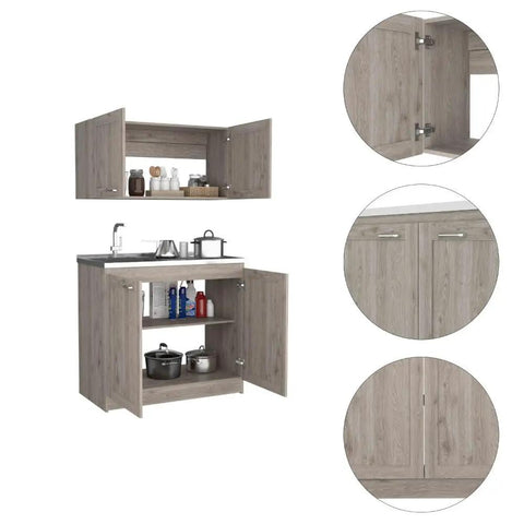 Straight Up Solid Two Piece Storage Cabinet Set In Sleek Light Gray With Spacious Compartments And Heavy Duty Hardware Perfect For Kitchen Refresh, showing open cabinets.