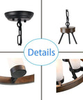 Close-up of Farmhouse Wagon Wheel Six Light Chandelier with frosted seeded glass shades and adjustable chain for vintage style dining room.