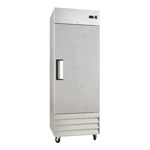 Heavy Duty Commercial Reach In Freezer 29 Inch Single Door Stainless Steel Cabinet with digital temp control and wheels.