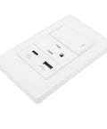 Double Pack Wall Outlet Receptacle With Single Toggle Switch, 15 Amp Three Prong Ac Socket And Snazzy 10 Watt Usb C Charging Port, Nifty Room Upgrade For Your Home Or Office Space, white socket with USB ports.
