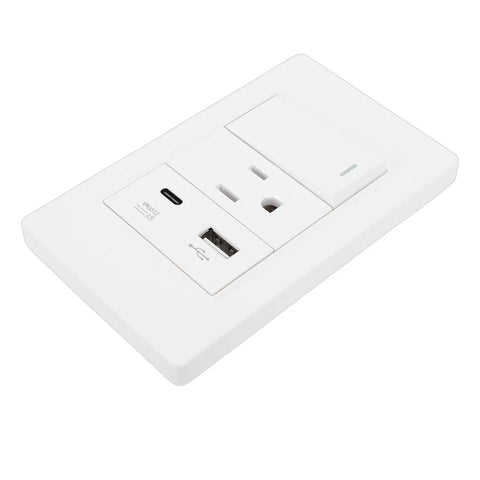 Double Pack Wall Outlet Receptacle With Single Toggle Switch, 15 Amp Three Prong Ac Socket And Snazzy 10 Watt Usb C Charging Port, Nifty Room Upgrade For Your Home Or Office Space, white socket with USB ports.