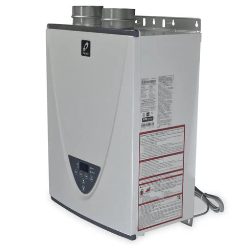 Real Deal Natural Gas Tankless Water Heater With Badass 10 GPM Flow And 199000 BTU Powerplant For Non Stop Hot Showers wall mounted with controls.