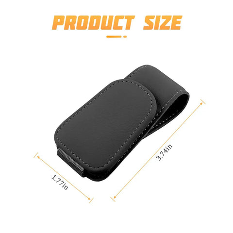 Premium Microfiber Leather Magnetic Sunglasses Holder For Car Sun Visor 1.77in x 3.74in dimensions in sleek black finish.