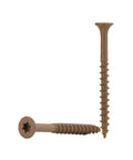 Heavy Duty Brown Deck Screws 400 Count Box Bugle Head Steel Fasteners With Rust Shield Coating on white background.