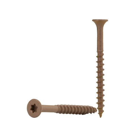 Heavy Duty Brown Deck Screws 400 Count Box Bugle Head Steel Fasteners With Rust Shield Coating on white background.