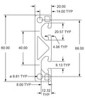 Technical drawing of Top Shelf Rock Solid T Slot Aluminum Extrusion Bar two open channels, 80x20mm dimensions with precise measurements.