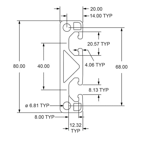 Technical drawing of Top Shelf Rock Solid T Slot Aluminum Extrusion Bar two open channels, 80x20mm dimensions with precise measurements.