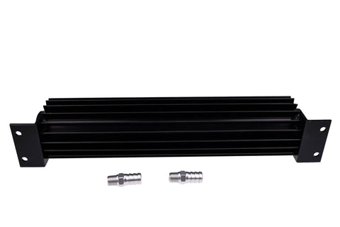 12 Inch Dual Pass Aluminum Transmission Cooler With One Quarter Inch NPT Fittings in black finish with fittings visible