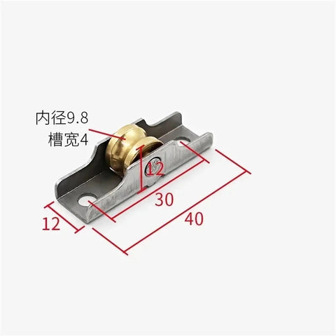 Heavy Duty 4 Piece V Groove Wheel Kit For Sliding Doors And Cabinets With Slick Copper Casters That Slide Without A Hassle Smooth Wardrobe Glide Replacement Hardware Set showing a detailed copper roller and metal track dimensions.