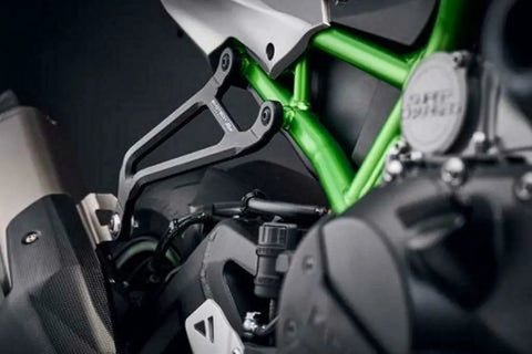 Premium Z H2 Performance Exhaust Hanger And Passenger Blanking Kit For 2020 Plus Models Made From CNC Machined Aircraft Aluminum Direct OEM Fitment Replacement Pillion Peg For Your Ride, black aluminum mount on Z H2 frame