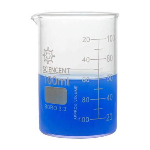 100ml heat resistant glass beaker with blue liquid and no-spill spout, from Heat Resistant Glass Beaker Set Of 3 50 Milliliter 100 Milliliter And 250 Milliliter With No Spill Spout Ideal For Boiling And Everyday At Home Lab Experiments