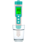 Five In One Digital Pool Salt Tester With Salinity PH TDS EC And Temperature Readout in a glass of water showing LCD display