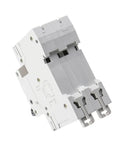Pro Grade 2 Pole MCB DIN Rail Circuit Breaker With Heavy Duty 40 Amp C Curve Trip, gray and white plastic, top view.