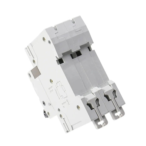Pro Grade 2 Pole MCB DIN Rail Circuit Breaker With Heavy Duty 40 Amp C Curve Trip, gray and white plastic, top view.