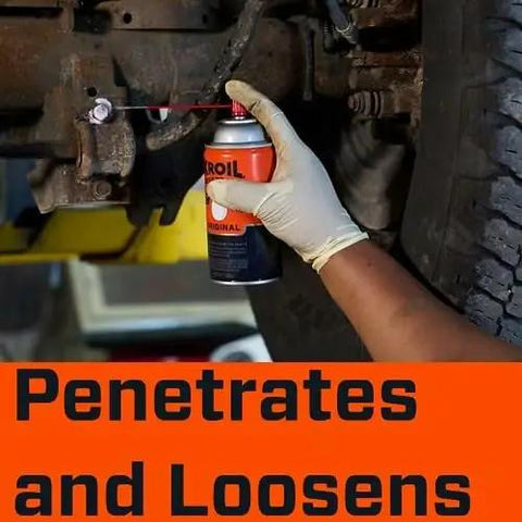 Silicone Enhanced Rust Penetrant For Frozen Metal Parts, Penetrating Lubricant Aerosol being sprayed on vehicle suspension