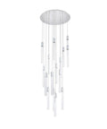 Knockout Modern 16 Light Square Ceiling Pendant Fixture Featuring Smooth Chrome Finish Genuine Crystal Drops Straight Up Durable Build Quality, hanging with adjustable length.